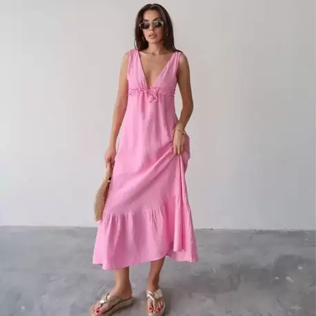 V Yaka Müslin Elbise - PEMBE