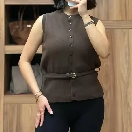 İnce Kemerli Triko Basic Yelek - KAHVERENGİ
