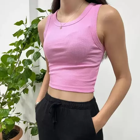 Pamuklu Ribana Crop Atlet - PEMBE