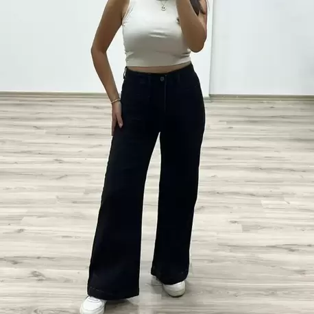 Bol Paça Yüksek Bel Denim Pantolon - SİYAH