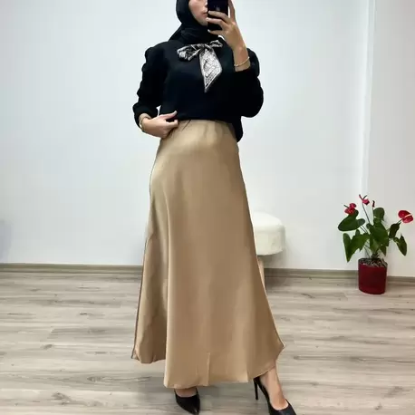 VAZIRADK Çam Kesim Lastikli Saten Uzun Etek - CAMEL