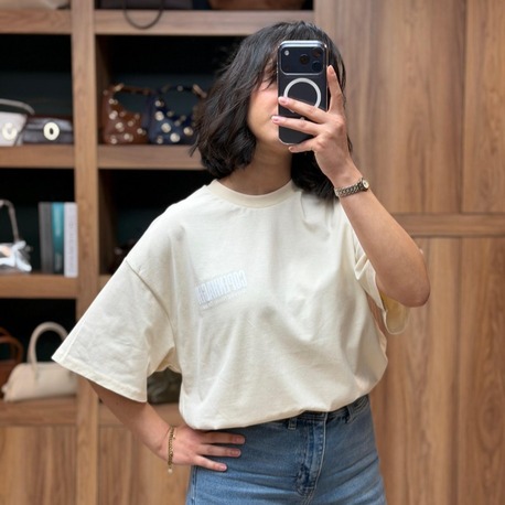 Bisiklet Yaka Oversize Baskılı Tişört - Krem