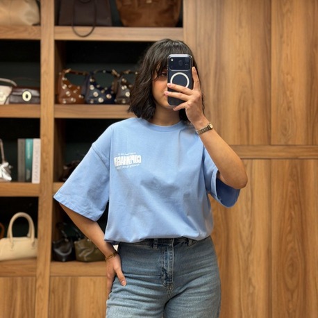 Bisiklet Yaka Oversize Baskılı Tişört- Mavi