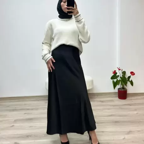 Çam Kesim Lastikli Saten Uzun Etek - SİYAH