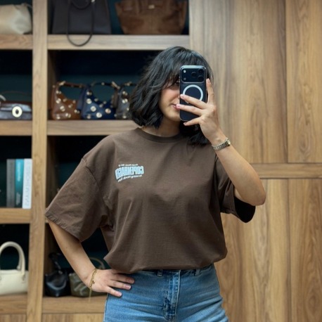 Bisiklet Yaka Oversize Baskılı Tişört- Kahverengi