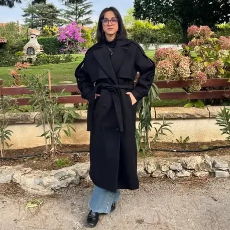 Premium Kaşe Kemerli Uzun Kaban - SİYAH
