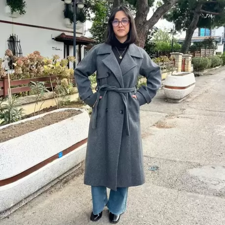 Çift Düğmeli Kemerli Kaşe Kaban - GRİ