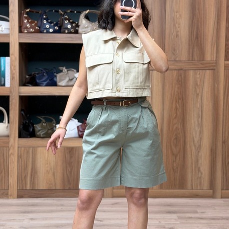 Beli Kemerli Licralı Gabardin Midi Boy Şort - HAKİ