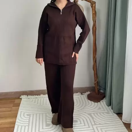 Fermuarlı Triko Takım - KAHVE