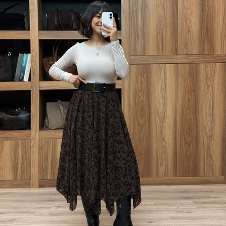Desenli Asimetrik Kesim Astarlı Midi Etek - KAHVE