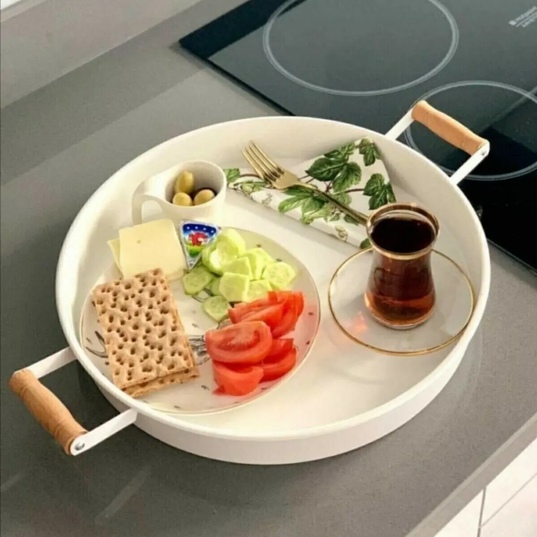 Ahşap kulplu yuvarlak tepsi 37 cm