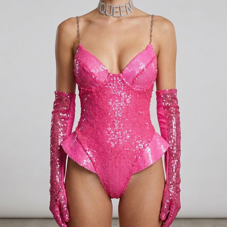 Neon Pembe Payetli Eldivenli Fantezi Body Takımı