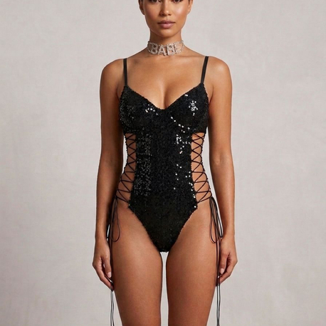 Gece Işıltısı Payet Detaylı Dekolteli Bodysuit