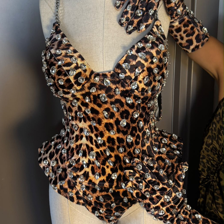 Leopar Taş Işıltılı Bodysuit & Eldiven Seti