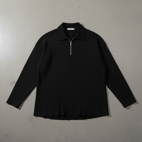 OVERSİZE FİTİLLİ ZİP POLO / SİYAH