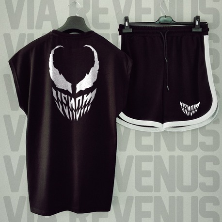 Venom Baskılı Siyah Sıfır Kol Tshirt Şort Takım