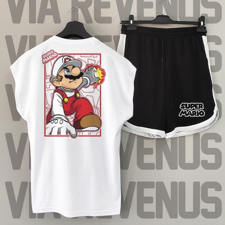 Super Mario Baskılı Beyaz Sıfır Kol Tshirt Şort Takım