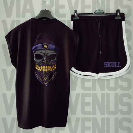 Skull Baskılı Siyah Sıfır Kol Tshirt Şort Takımı