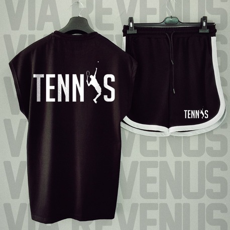 Tennis Baskılı Siyah Sıfır Kol Tshirt Şort Takımı