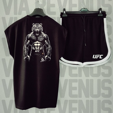 Tiger UFC Baskılı Siyah Sıfır Kol Tshirt Şort Takımı