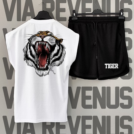Tiger Baskılı Beyaz Sıfır Kol Tshirt Şort Takımı