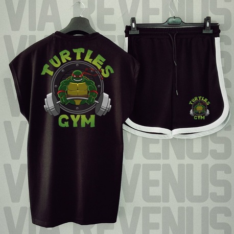 Turtles Gym Baskılı Siyah Sıfır Kol Tshirt Şort Takım