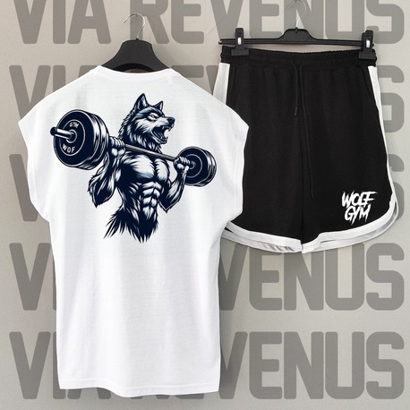 Wolf Gym Baskılı Beyaz Sıfır Kol Tshirt Şort Takım