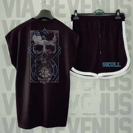 Skull Baskılı Siyah Sıfır Kol Tshirt Şort Takımı