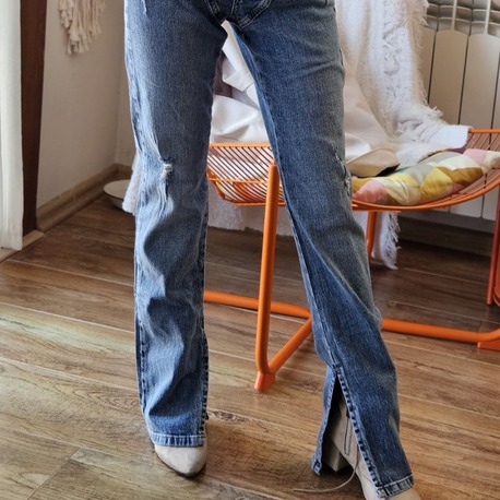 Yüksek Bel Düğme Detaylı Yırtmaçlı Denim Pantolon