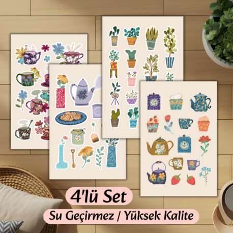 4'lü Çiçekli Vintage Sticker D00009
