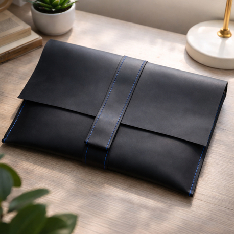 Siyah Mat Deri/ Mavi Dikiş Clutch