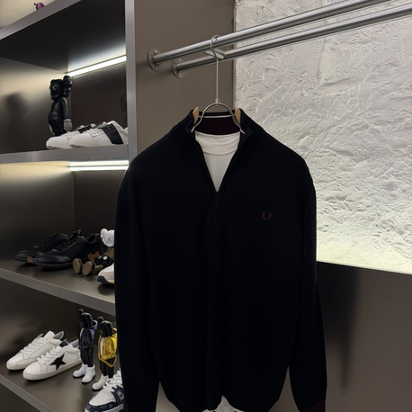 Fred Perry %100 Pamuk Full Zip Örme Triko (Siyah)