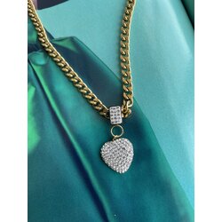 S.Steel - Çelik , Taşlı Kalp Model , Gold Kolye 