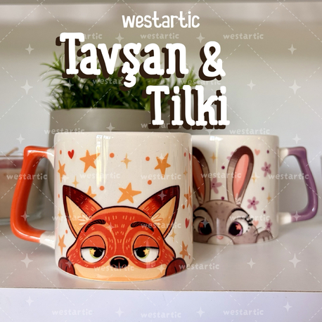 Tavşan Rabbit Mor Çiçekli ve Fox Tilki Yıldızlı Tasarım Kupa Bardak Fincan
