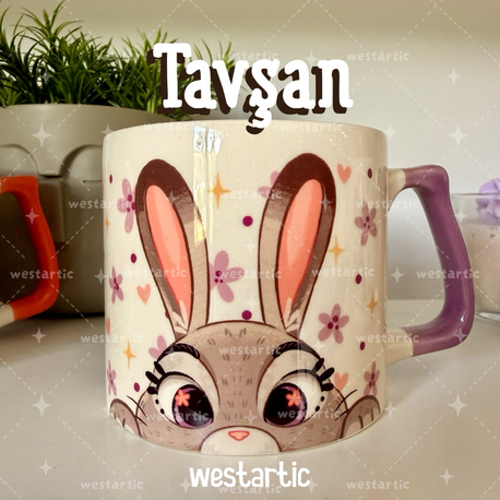 Tavşan Rabbit Mor Çiçekli Tasarım Kupa Bardak Fincan
