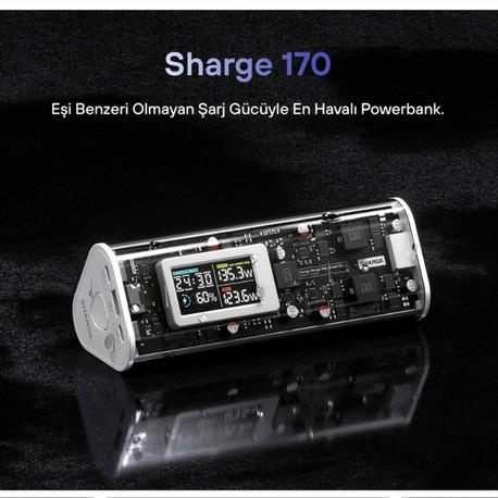 Sharge 170W - Yüksek Güçlü ve Şeffaf Tasarımlı Gan Powerbank - Gri