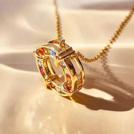 Çelik Gold Renk Zincir Renkli Zirkon Taşlı Kadın Kolye 40+5 cm