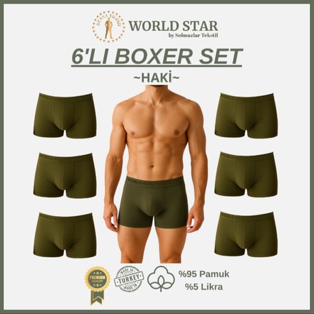 World Star 6'lı Haki Düz Renk Erkek Boxer – Pamuklu Ve Likralı