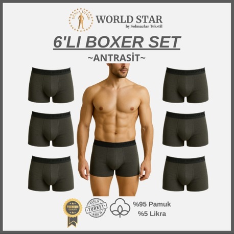 World Star 6'lı Antrasit Düz Renk Erkek Boxer – Pamuklu Ve Likralı
