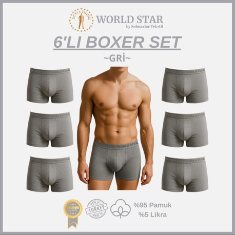 World Star 6'lı Gri Düz Renk Erkek Boxer – Pamuklu Ve Likralı