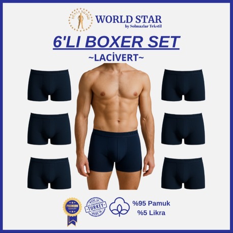 World Star 6'lı Lacivert Düz Renk Erkek Boxer – Pamuklu Ve Likralı