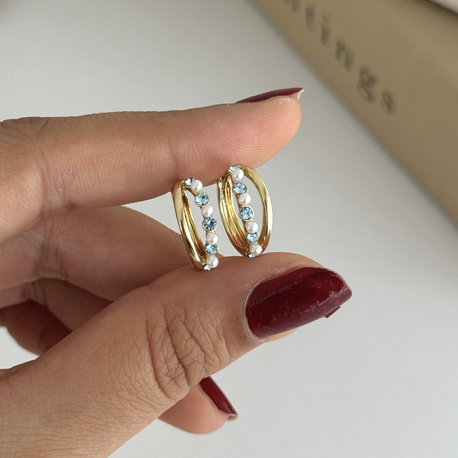 14k Xuping seri mini inci ve mini mavi swarovski taşlı küpe 