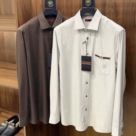 Zegna Cotton Twill Fabric with Unique Windsor Collar and Pocket Design Long-Sleeve Shirt