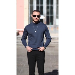Koyu İndigo Yarım Balıkçı Yaka Dokuma Triko Kazak