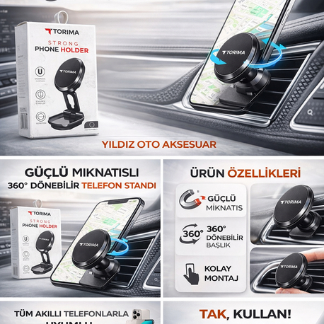 Torima Manyetik Araç Telefon Tutucu – Güçlü Mıknatıslı 360° Dönebilen Telefon Tutucu