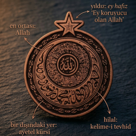 Ayetel Kürsi & Kelime-i Tevhid & Ey Hafız Yazılı Antik Bakır Rozet – Manevi Koruma Sembolü