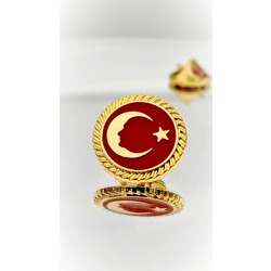 Türk Bayrağı Atatürk Siluetli Altın Kaplama Mineli Yaka Rozeti