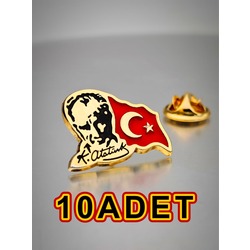 10 Adet YÖRÜK TASARIM Atatürk&Bayrak Yaka Rozeti Altın Kaplama