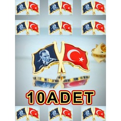 10 Adet Türk Bayrağı & Atatürk Altın Kaplama Mineli Döküm Yaka Rozeti