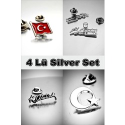 4 Lü Yaka Rozeti Silver Set